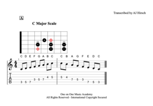 C major scale tab and sheet music for the "Harmonic Major.. The Most Dramatic Scale Ever!" blog post.
